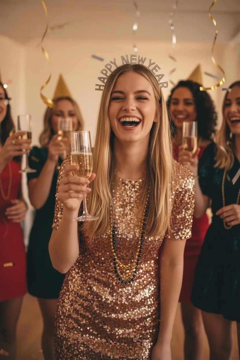 Woman celebrating New Year's in festive glasses and necklaces