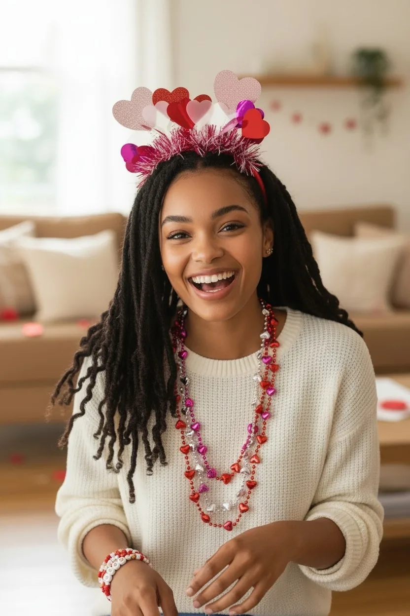 Woman wearing a heart headband and pink necklaces for Valentine's Day